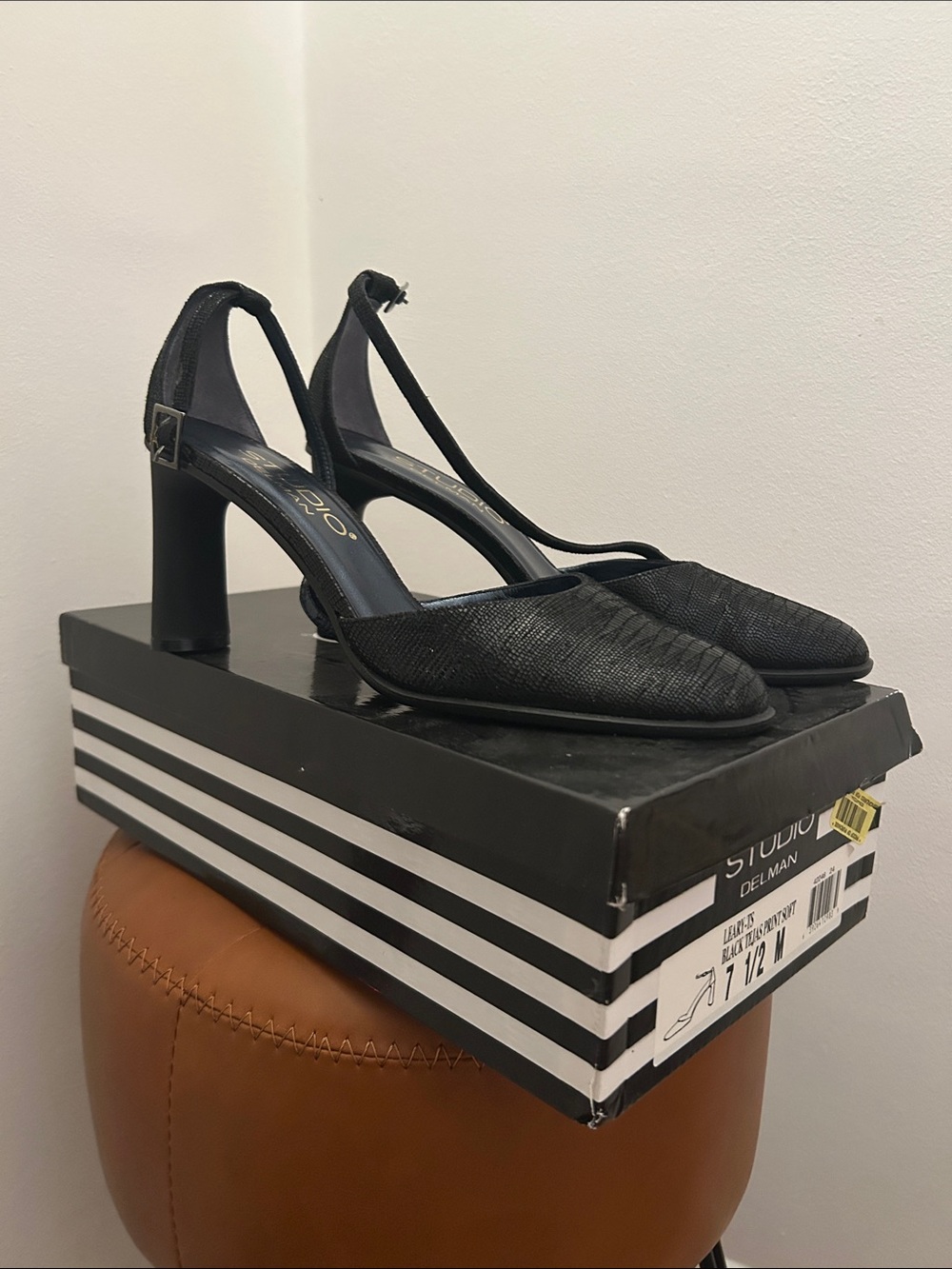 Delman Black Textured Slingback Block Heels
